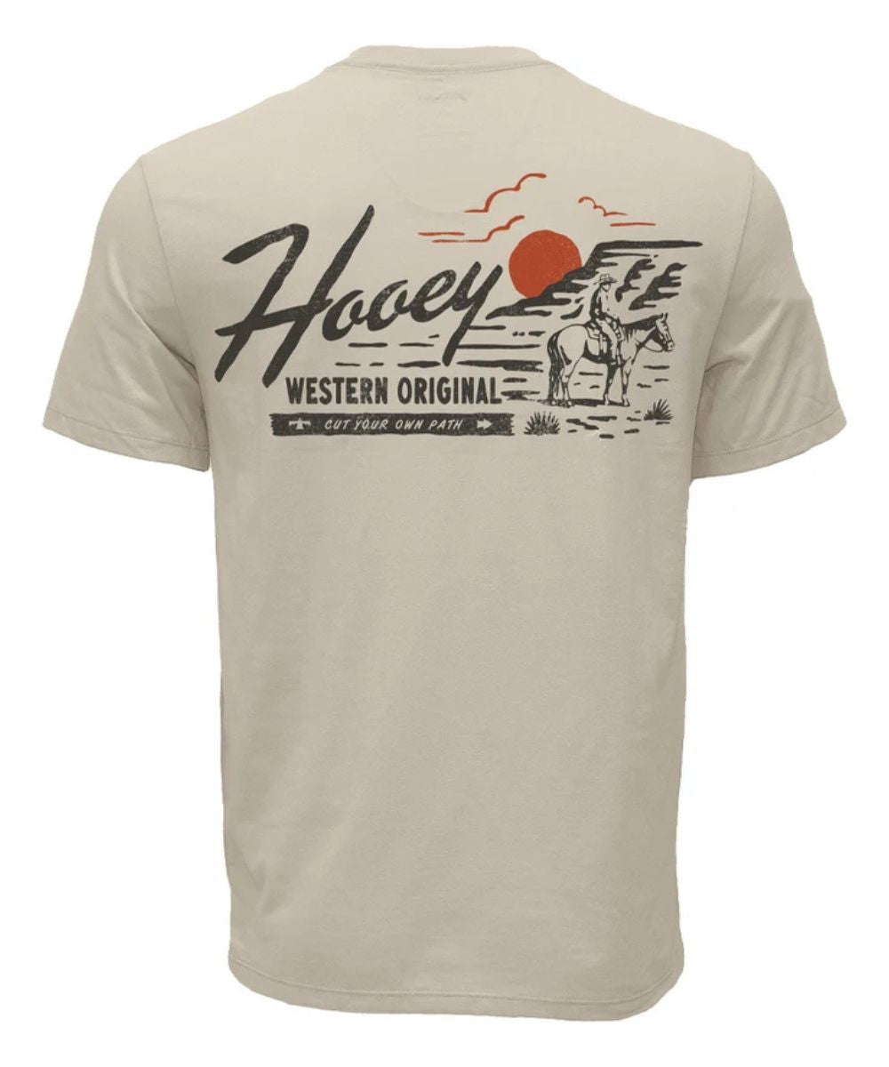 A beige short-sleeve t-shirt shown from the back, featuring a large graphic print with the text 'Hooey Western Original' and a western sunset scene with a cowboy and horse.