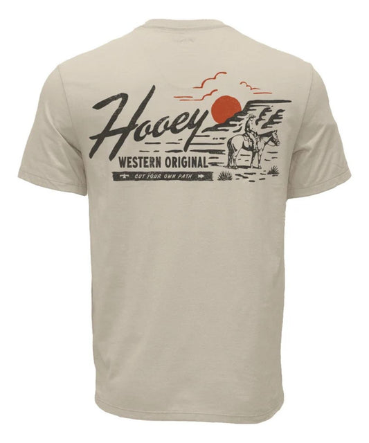 A beige short-sleeve t-shirt shown from the back, featuring a large graphic print with the text 'Hooey Western Original' and a western sunset scene with a cowboy and horse.