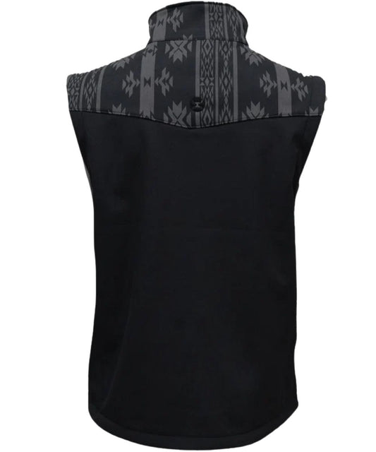 Back view of the boy's black softshell vest featuring the single point grey aztec western yoke