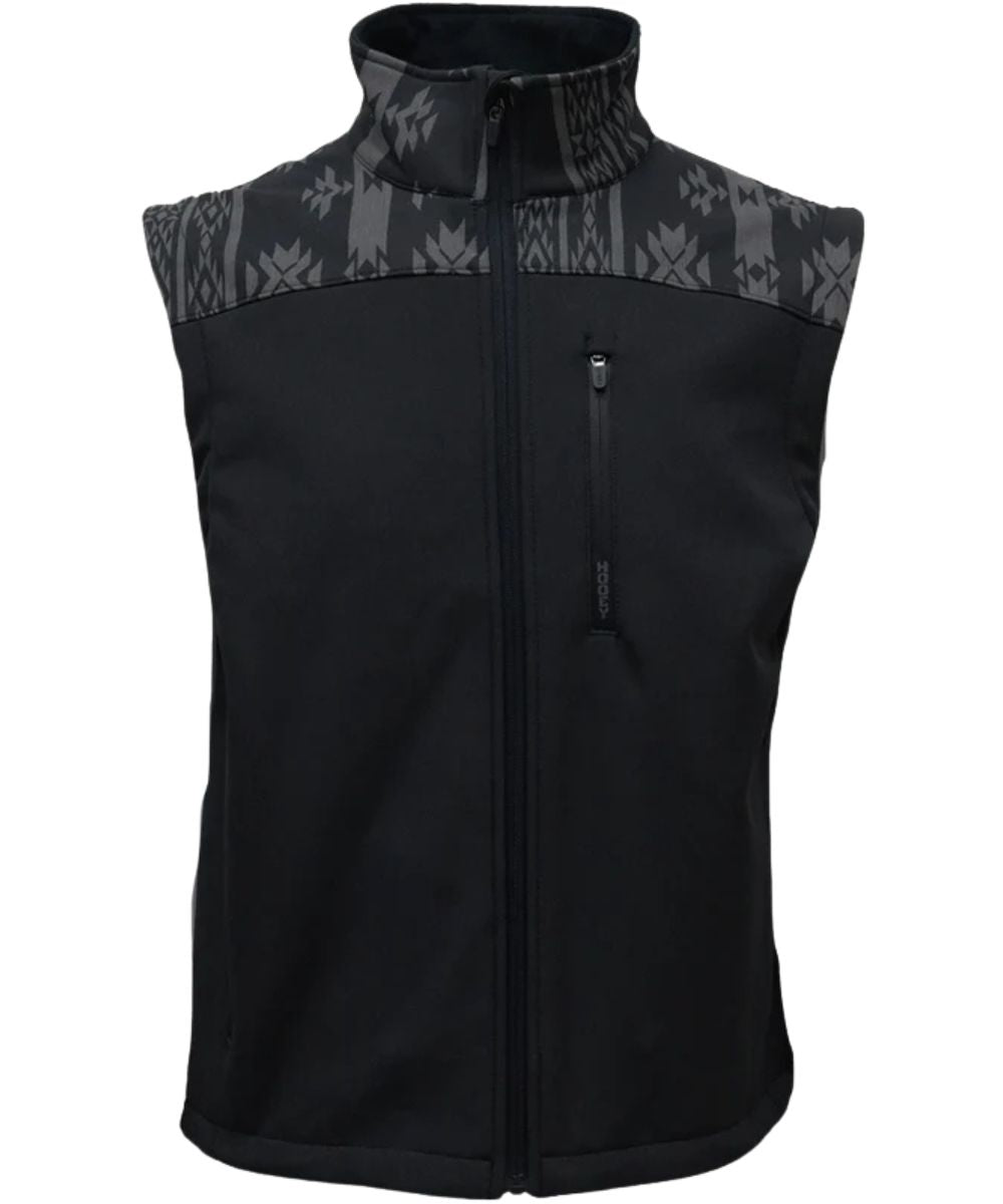 Front view of the boy's Hooey Jackson Softshell Vest Black/Aztec