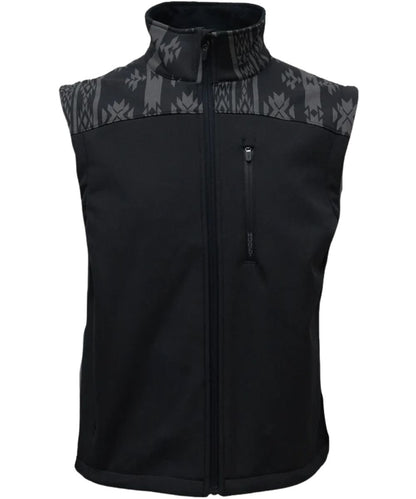 Front view of the boy's Hooey Jackson Softshell Vest Black/Aztec