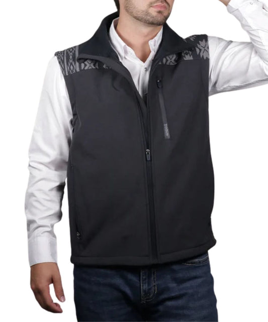 Front view of the men's Hooey Jackson Softshell Vest Black/Aztec featuring the zipper-front closure, zippered hand and chest pockets, and the mock collar