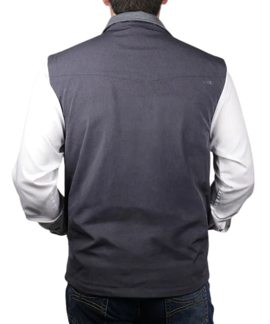 Back view of the men's charcoal softshell vest featuring the western yokes, weather resistance of wind protection and water resistant, and an adjustable waistband