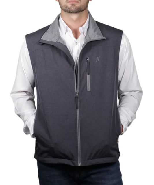 Front view of the men's Hooey Sheridan Lightweight Softshell Vest Charcoal featuring the zip closure, zippered hand and chest pockets, and the headphone holster