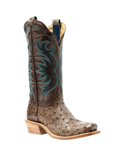 Right angled view of the women's tabac & bronze Hyer Ostrich Boot featuring the tabac/brown full-quill ostrich leather vamp, the bronze metallic shaft with a turquoise stitch design, 13" shaft, pull tabs, and cutter toe
