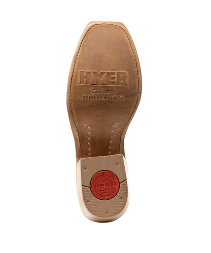 Sole view of the women's ostrich exotic boot featuring the leather outsole and the cutter underslung heel