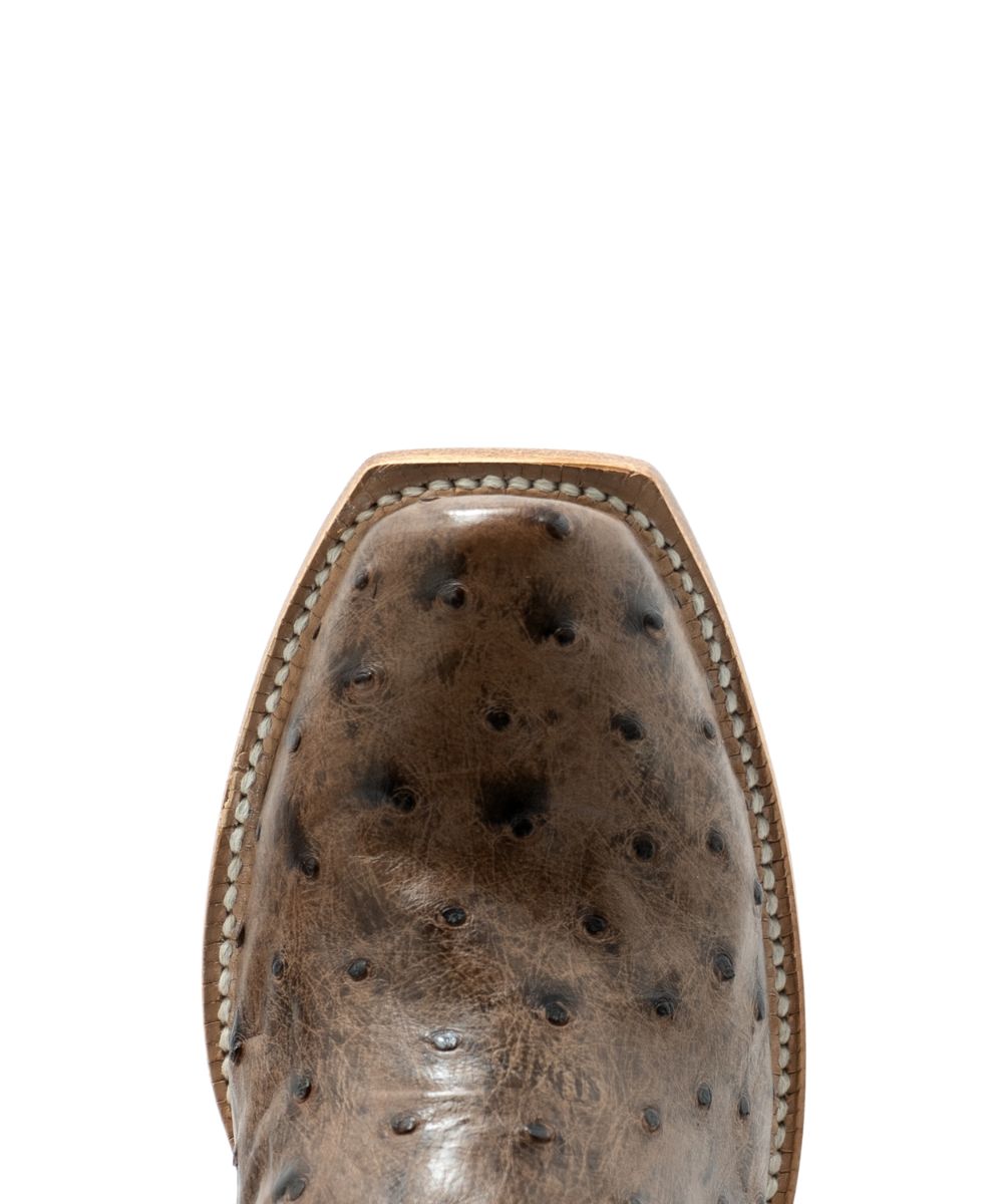 Close-up view of the cutter toe and the genuine ostrich leather
