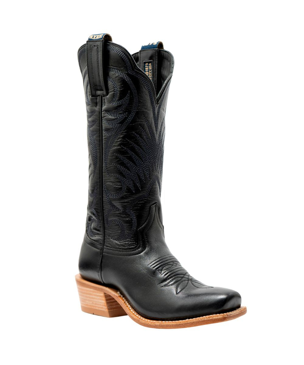 Right angled view of the women's Hyer Leawood Western Boot featuring the top shelf black cowhide leather construction, historic hyer pattern stitched shaft, nylon pull tabs, and a cutter toe 