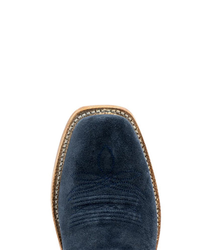 Close-up view of the navy roughout leather cutter toe