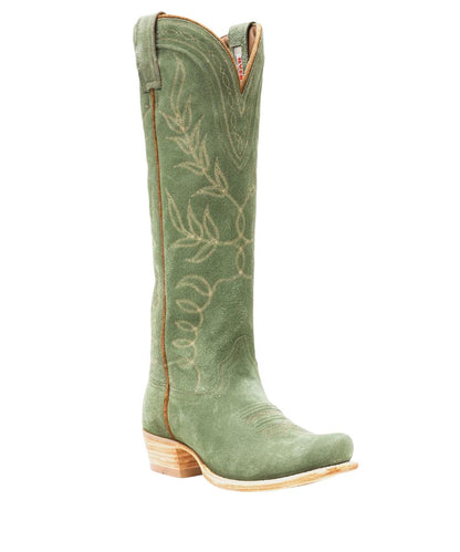A single tall western boot in sage green suede with light tan embroidered floral details, a square toe, and a stacked leather heel, shown on a plain white background.