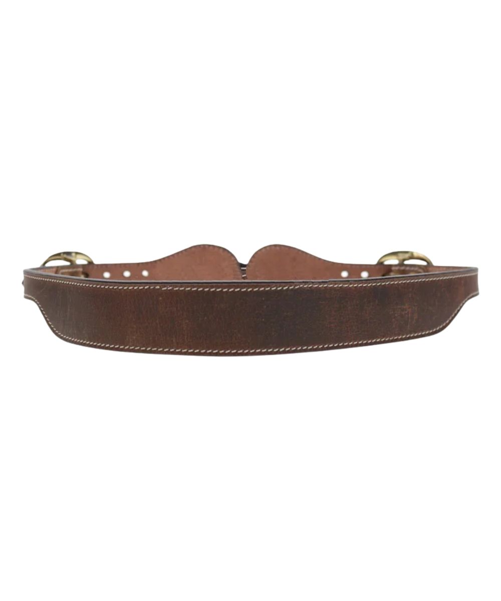 Back view of the women's brown leather belt featuring the tapered design and tan stitching
