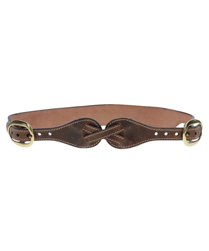 Front view of the women's brown leather spur strap belt featuring the adjustable front 10-hole construction with an interwoven front center