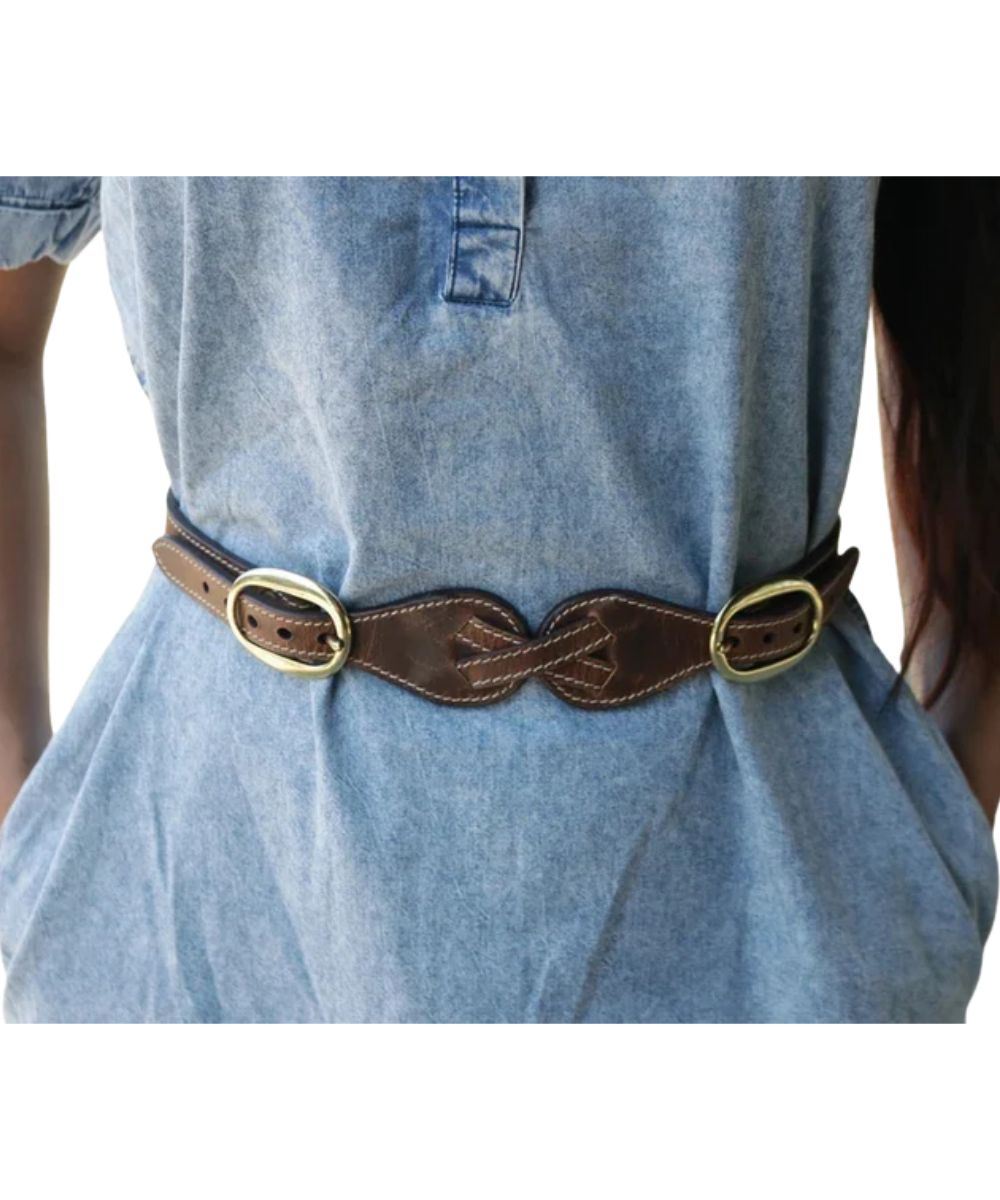 Model view of the women's Hooey brown leather spur strap inspired belt