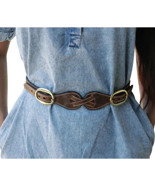 Model view of the women's Hooey brown leather spur strap inspired belt