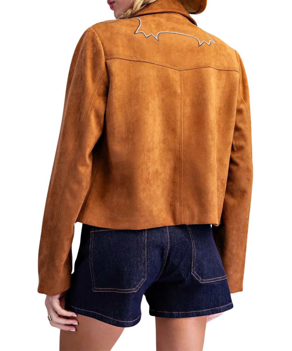 Back view of the women's long sleeve camel faux suede jacket featuring the western embroidered yokes