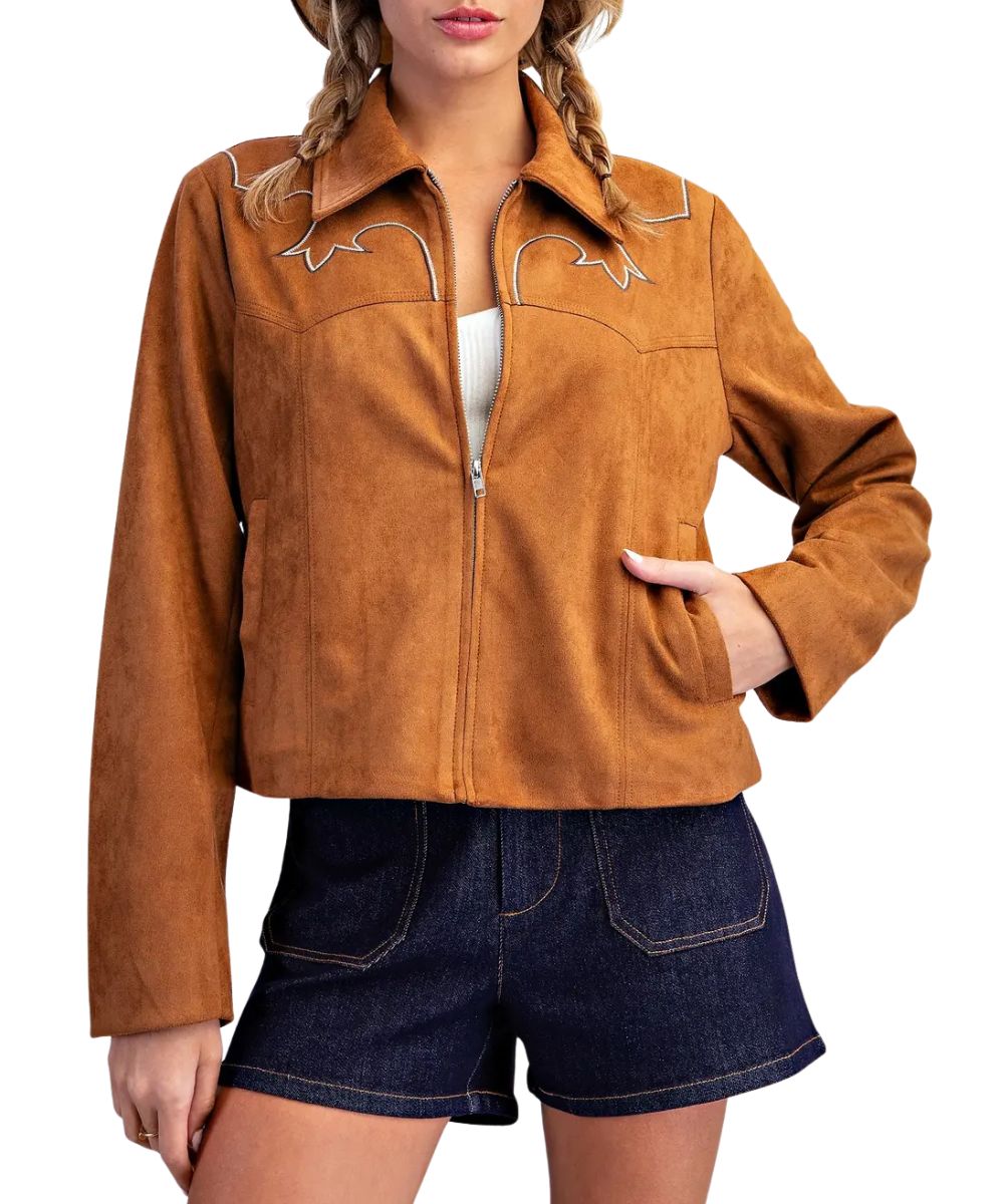 Front view of the women's camel faux suede Eesome western jacket featuring the western embroidered yokes, zip closure, and side welt pockets