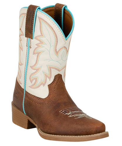 Right angled view of the girl's western whinny boot featuring a brown leather vamp and white leather shaft