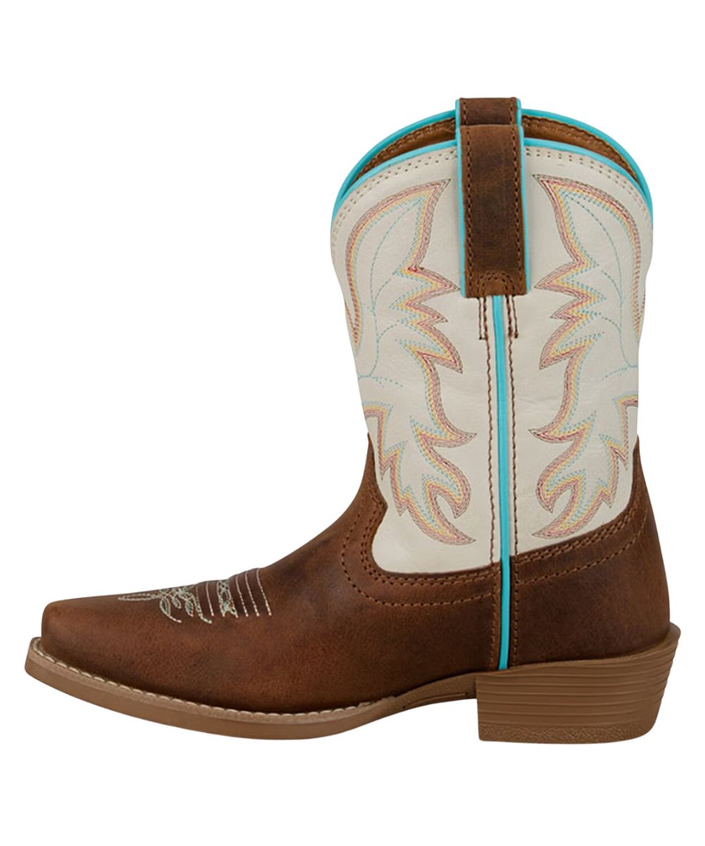 Left side view of the girl's western boot featuring leather pull tabs for an easy on and turquoise piping