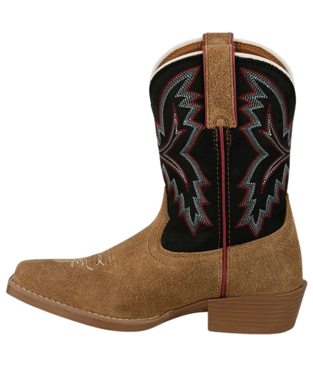 Left side view of the kids' western boot featuring the leather pull tabs for an easy on