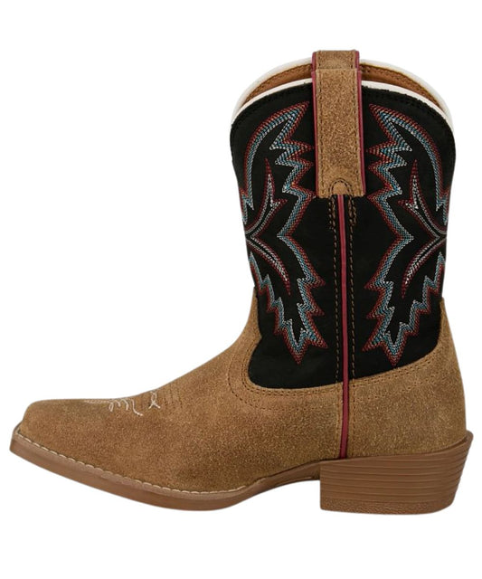 Left side view of the kids' western boot featuring the leather pull tabs for an easy on