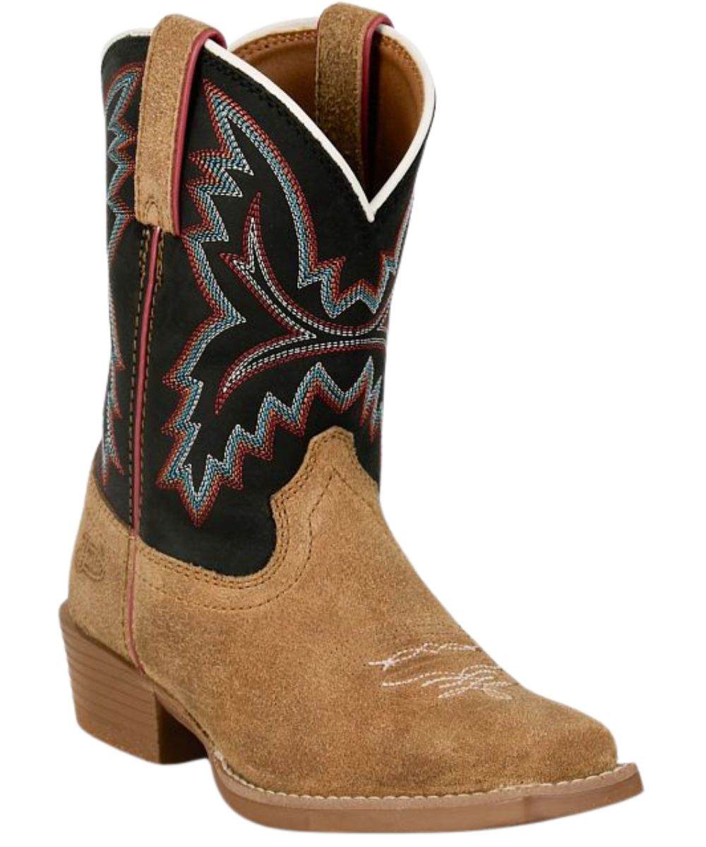 Right angled view of the kids' leather western boot featuring the tan roughout vamp and black shaft