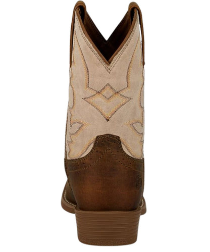Heel view of the kids' brown and white tad junior cowboy boot