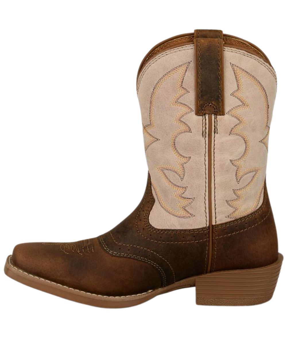 Left side view featuring the brown leather pull tabs for an easy on