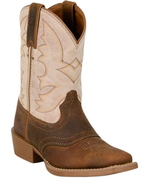 Right angled view of the kids' tad junior western boot featuring a durable water buffalo brown leather vamp and white leather shaft