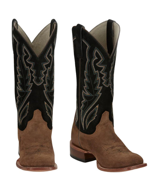 Women's Justin Leather Western Boot With A Black Suede Shaft And Brown Vamp
