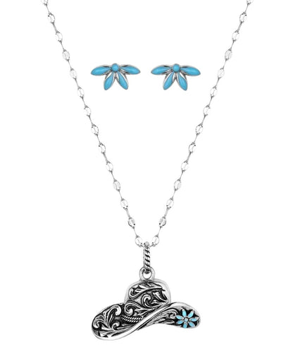 Front view of the women's silver jewelry set featuring a cowboy hat shaped pendant and half-flower stud earrings