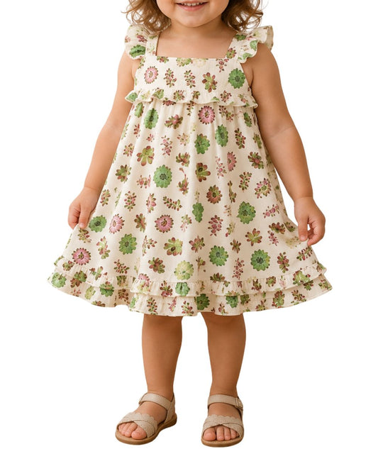 Girl's Buttercream Succulent Printed Ruffle Summer Dress