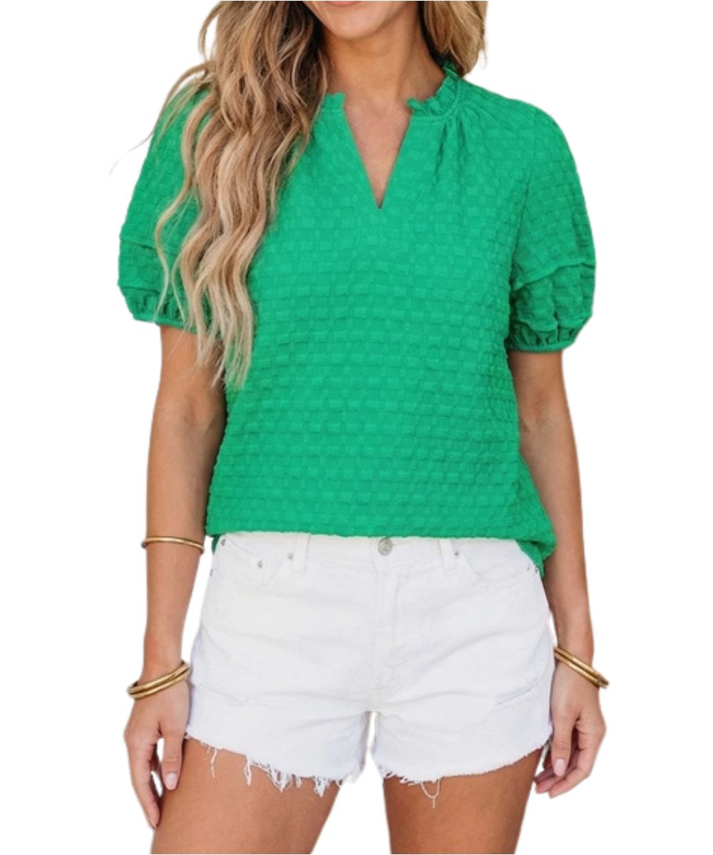 Front view of the women's short sleeve blouse featuring puffed sleeves, a v-neckline, and a textured body