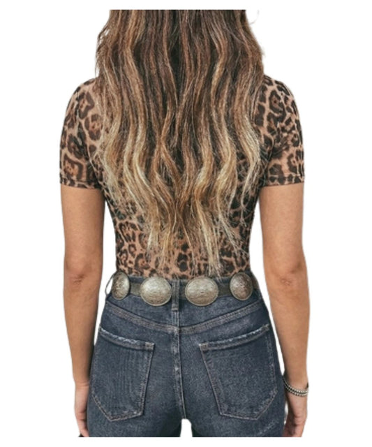 Back view of the women's cheetah mesh top