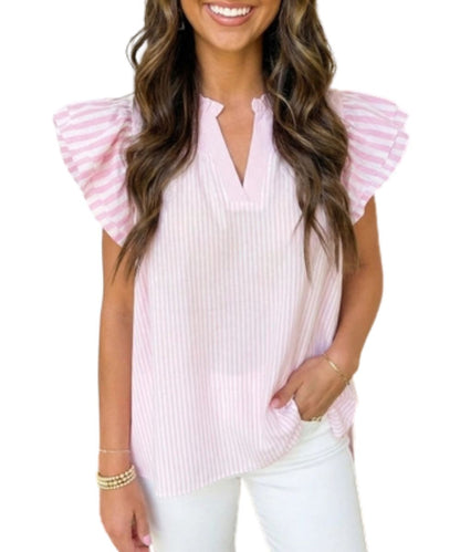 Front view of the women's short flutter sleeve blouse featuring a v-neckline and pink/white striped print