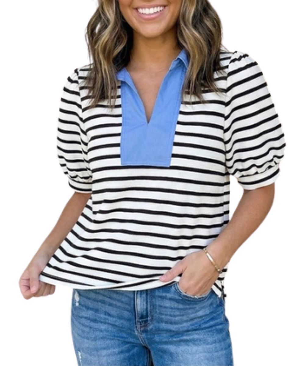 Front view of the women's short sleeve polo blouse featuring a black striped print, v-neckline, and spread collar