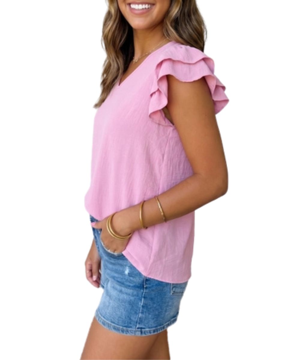 Side view of the women's ruffled sleeves blouse featuring a v-neckline