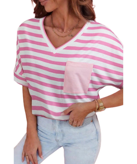 Front view of the women's short sleeve pink striped tee featuring the patched chest pocket and v-neckline