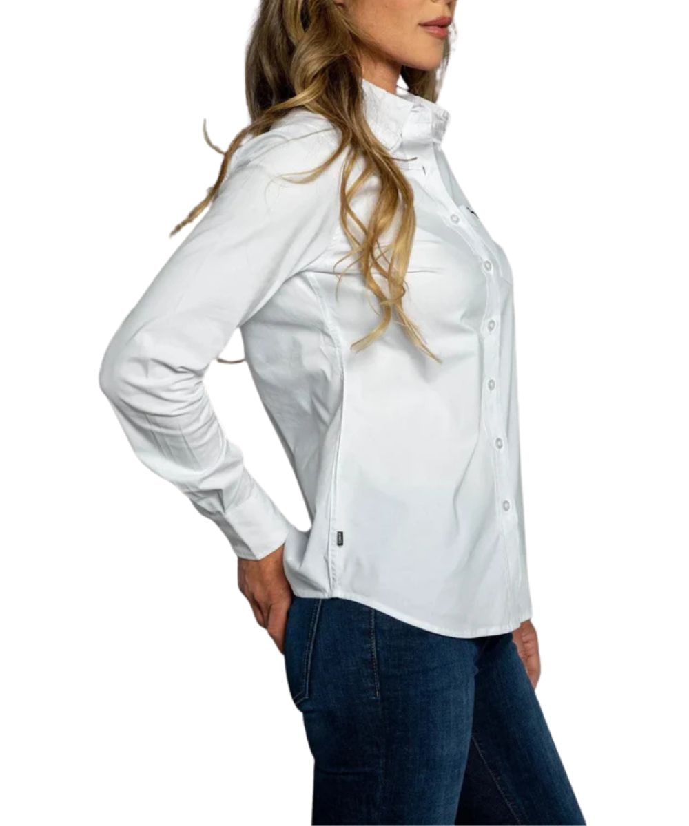Side View Of The Women's Solid Print Long Sleeve Button Down With Extra Length In The Body And Sleeves