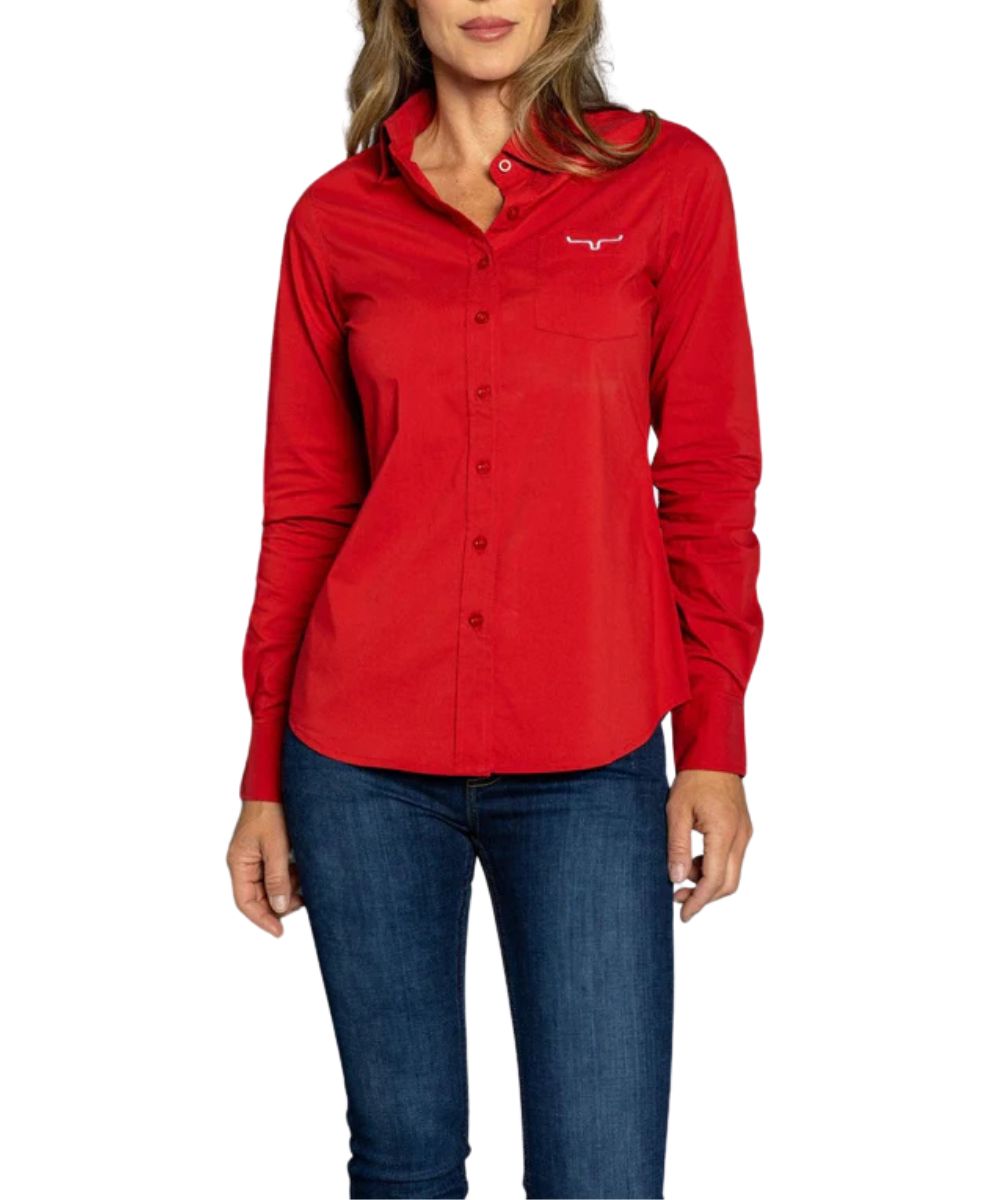Women's Solid Print Long Sleeve Button Down In Red