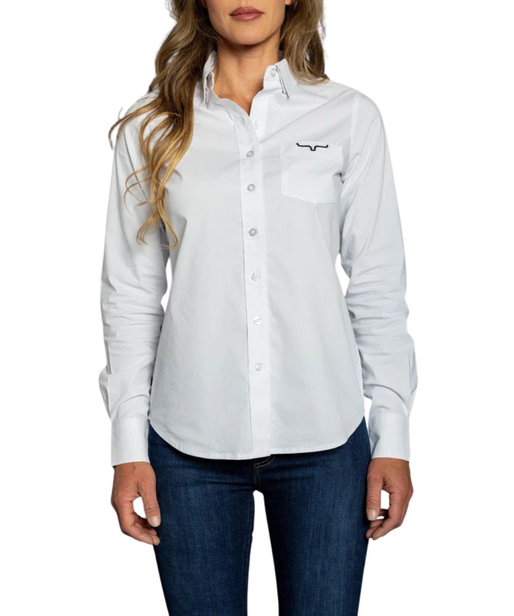 Women's Solid Print Long Sleeve Button Down In White