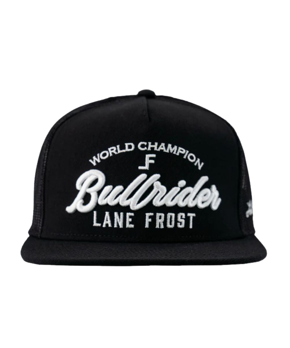 Front view of the adult's unisex black snapback cap featuring the white embroidered front that reads: "World Champion Bullrider Lane Frost", and the rounded flat bill