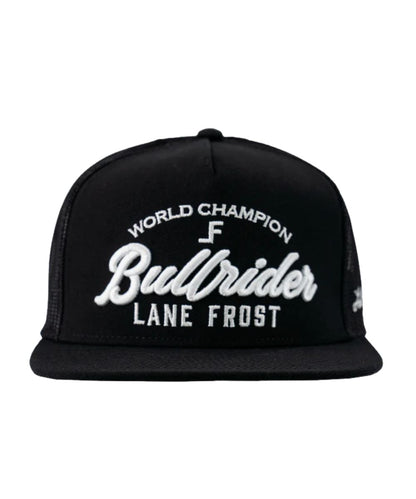 Front view of the adult's unisex black snapback cap featuring the white embroidered front that reads: "World Champion Bullrider Lane Frost", and the rounded flat bill
