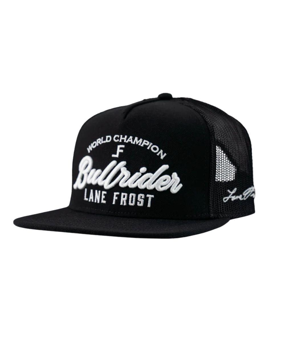 Left angled view of the adult's unisex black snapback cap featuring the black mesh sides with Lane Frost's signature in white embroidered at the left panel