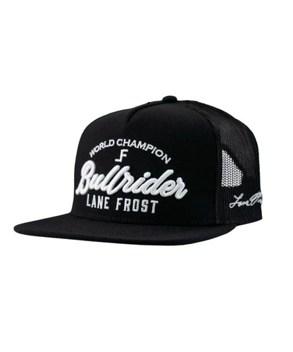 Left angled view of the adult's unisex black snapback cap featuring the black mesh sides with Lane Frost's signature in white embroidered at the left panel