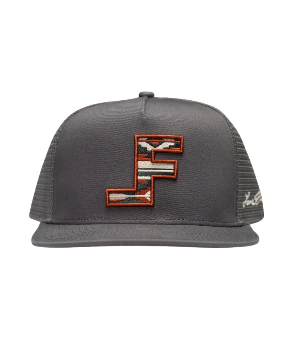 Front view of the charcoal Lane Frost ball cap featuring the high-profile fit, mesh sides with Lane Frost's signature embroidered at the left side panel