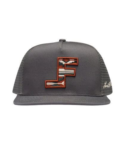 Front view of the charcoal Lane Frost ball cap featuring the high-profile fit, mesh sides with Lane Frost's signature embroidered at the left side panel