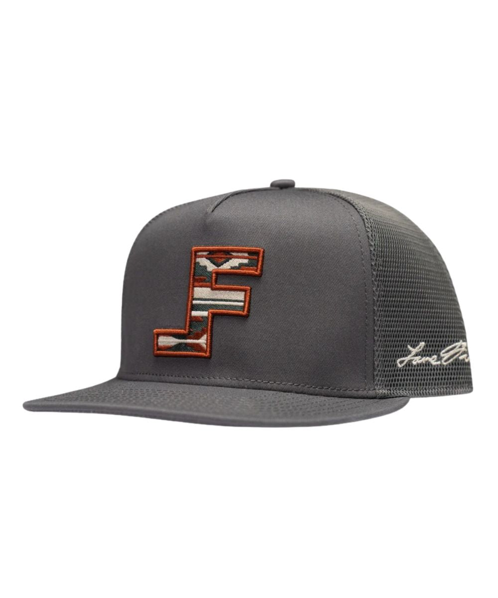Left angled view of the unisex adult's copperhead cap featuring the Lane Frost logo embroidered on the front with aztec fill and flat bill