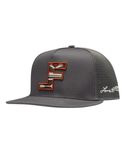 Left angled view of the unisex adult's copperhead cap featuring the Lane Frost logo embroidered on the front with aztec fill and flat bill