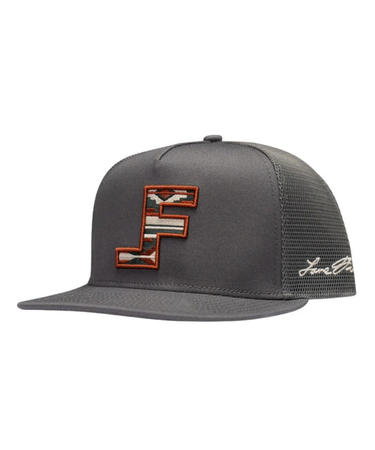 Left angled view of the unisex adult's copperhead cap featuring the Lane Frost logo embroidered on the front with aztec fill and flat bill