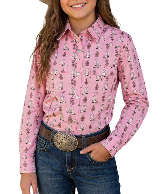 Girl's Long Sleeve Western Snap Shirt Featuring A Geometric Boot Print On A Rose/Mauve Shirt